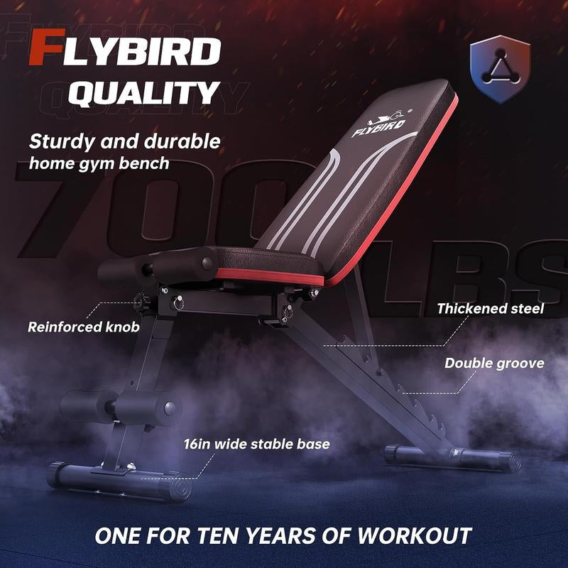 FLYBIRD Adjustable Weight Bench Workout Bench for Home Gym, 15 Degree Decline Sit-Up, Resistance Bands Included